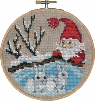 136241 Permin Kit Rabbits & Elf with Hoop 5.2"; Natural Linen; 26ct 