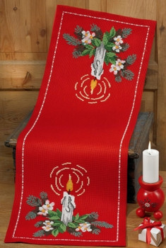 685298 Permin Kit Candle Christmas - Runner 14.4" x 42.4"; Red Aida with cotton mat; 8ct 