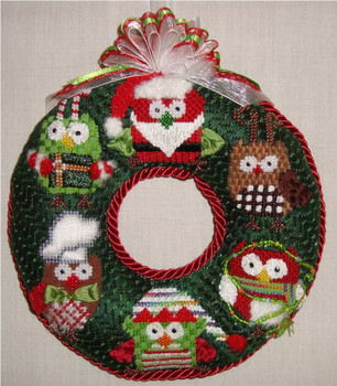 CHRISTMAS Owl Wreath 6” x 6”  18 Mesh Sew Much Fun