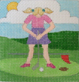 C019 Golfing Daughter 4 x 4 13 Mesh Jane Nichols Needlepoint