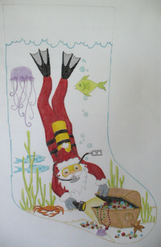 S460 Diver Santa approximately 11" x  18" to 20"18 Mesh Stocking Jane Nichols Needlepoint