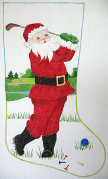 S114 Golfing Santa Stocking approximately 11" x  18" to 20" 13 Mesh Jane Nichols Needlepoint