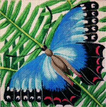 176 Blue Butterfly on Fern 7 x 7 13 Mesh Jane Nichols Needlepoint