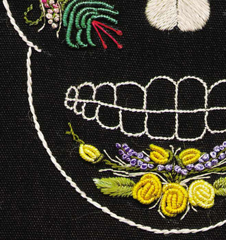 1301 Jackie - Flower Skull Print Only Fabric Size12X12  White Kit EdMar Brazilian Dimensional Embroidery