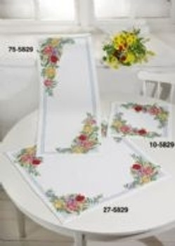 105829 Permin Kit Spring Flowers - Table Topper (Right) 13.2" x 13.2"; White Aida; 8ct 