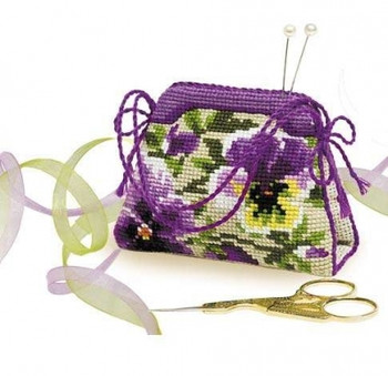 RL1039 Riolis Cross Stitch Kit Pansy Pincushion Includes filling.; 4.25" x 3.25"; Flaxen Aida; 14ct 