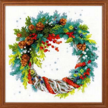 RL1603 Riolis Cross Stitch Kit Wreath with Blue Spruce 11.75" x 11.75"; White Aida; 14ct 