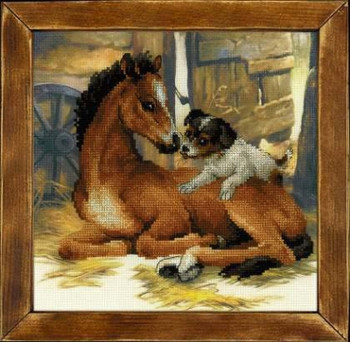 RLPT0052 Riolis Cross Stitch Kit Foal and Puppy 11.75" x 11.75"; Pre-printed Aida; 10ct 