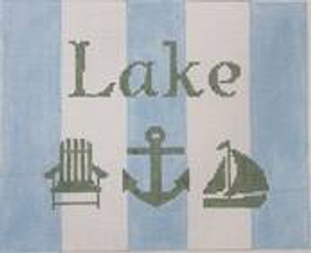 SG4 6 x 7.5 Lake with Adirondack chair, anchor, and sailboat - Green, Pale Blue, White 18 Mesh Kristine Kingston Needlepoint Designs