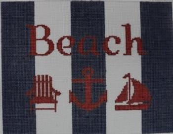 SG3 6 x 7.5 Beach with Adirondack chair, anchor, and sailboat - Navy and White 18 Mesh Kristine Kingston Needlepoint Designs