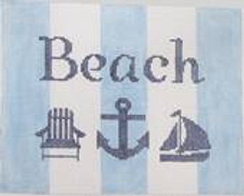 SG1-18 6 x 7.5 Beach with Adirondack chair, anchor, and sailboat - Navy, Pale Blue, White 18 Mesh Kristine Kingston Needlepoint Designs