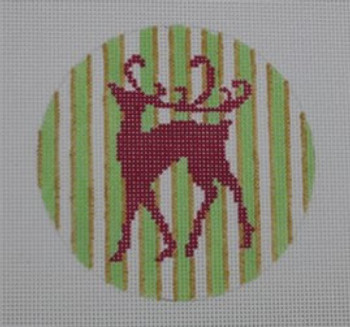 O119 Hot Pink Reindeer on Lime Green/Gold Stripe 4" Round 18 Mesh Kristine Kingston Needlepoint Designs