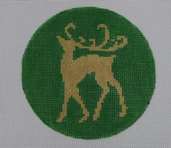 O121 Gold Reindeer on Green 4" Round 18 Mesh Kristine Kingston Needlepoint Designs