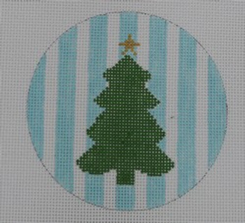 O125 Tree on Blue Stripe 4" Round 18 Mesh Kristine Kingston Needlepoint Designs