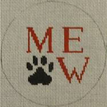 O109 4" Round Meow and Paw Print - Black and Red 18 Mesh Kristine Kingston Needlepoint Designs