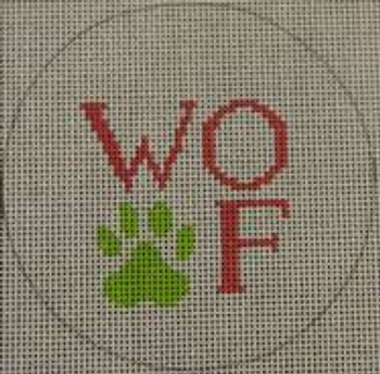 O112 4" Round Woof and Paw Print - Pink and Green 18 Mesh Kristine Kingston Needlepoint Designs