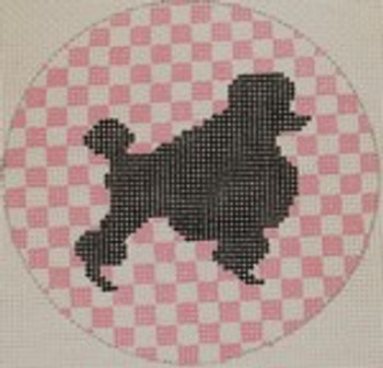 OAS102  Poodle on Pink Check 4" Round 18 Mesh Kristine Kingston Needlepoint Designs