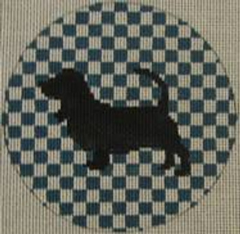 OAS121 Basset hound 4" Round 18 Mesh Kristine Kingston Needlepoint Designs
