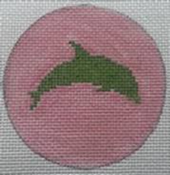 NTO21 Dolphin on Solid Background - Green and Pale Pink  3" Round  18 Mesh Kristine Kingston Needlepoint Designs