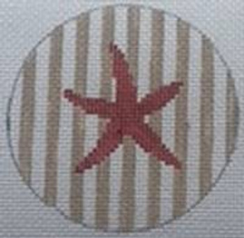 NTO23 Starfish on Stripe - Red and Khaki 3" Round  18 Mesh Kristine Kingston Needlepoint Designs