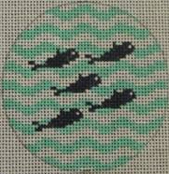 NTO7 3" Round 5 Little Fish on Wave - Navy and Seafoam  18 Mesh Kristine Kingston Needlepoint Designs