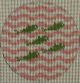 NTO9 3" Round 5 Little Fish on Wave - Green and Pale Pink 18 Mesh Kristine Kingston Needlepoint Designs