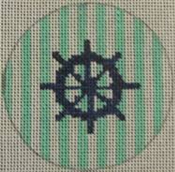 NTO13 Ship Wheel on Stripe - Navy and Seafoam 3" Round 18 Mesh Kristine Kingston Needlepoint Designs