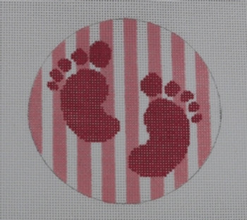O114 4" Round Pink Baby Feet/Pink Stripe 18 Mesh Kristine Kingston Needlepoint Designs