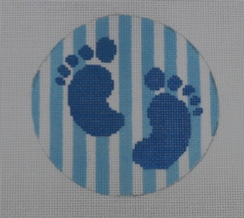 O113 4" Round Blue Baby Feet/ Blue Stripe 18 Mesh Kristine Kingston Needlepoint Designs