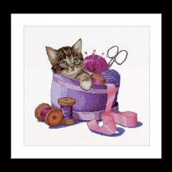 GOK736A Thea Gouverneur Kit Sewing Basket Kitten 12" x 12"; Aida; 16ct