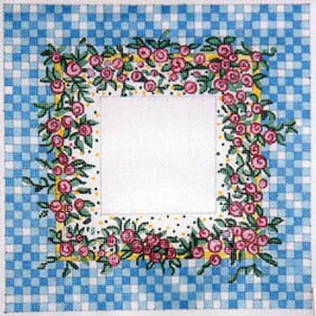 F-107 Miniature Roses on Blue Check 4 x 4 18 Mesh FRAME Meredith Collection