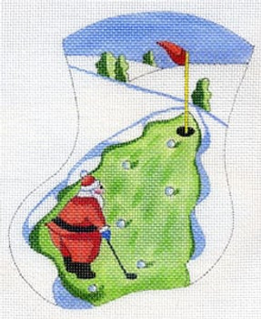 MX-107 Santa Golfing on Christmas Tree Green 18  Mesh CHRISTMAS MINI STOCKING The Meredith Collection