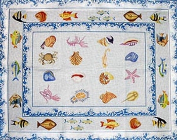 R-32 Tropical Fish with Double Sea Spray and Seashell Border 38 x 49  10 Mesh Rug The Meredith Collection