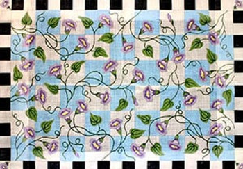 R-78 Morning Glories with black and white check border 31 x 44 10 Mesh Rug The Meredith Collection
