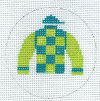 XO-140m Jockey Silk Ornament Lime Green and Teal Checkerboard sleeves 18 Mesh The Meredith Collection