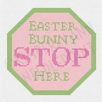 ESS-02 EASTER BUNNY STOP HERE, ORNAMENT 4"X 4" 18 Mesh KIMBERLY ANN NEEDLEPOINT!