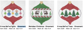 Ornament Christmas Ball w/ Trees O104 Shown Right 4 x 4 18 Mesh Doolittle Stitchery