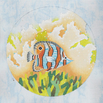 ED-17106 Porthole View - Copper-band Butterfly Fish 18g, 6" dia, on vintage blue canvas DeDe's Needleworks