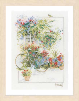 PN168447 Cntd Cross Stitch Kit Flowers & bicycle 10,5 threads/cm (27ct)	white Lanarte Kit 