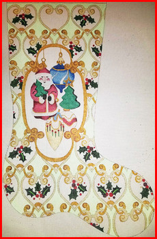 CS-310o Blown glass gold cartouche - green fabric 18 Mesh Stocking 23" Tall Strictly Christmas!