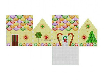 0229-18 Lemon Chiffon & Fruit Slices, 3D gingerbread hse 2 1/4" x 3" x 2" high 18 Mesh Susan Roberts Needlepoint  