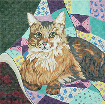 BR033 Maine Coon Cat On Quilt 10" x 10" 18 Mesh Barbara Russell SKU 1033
