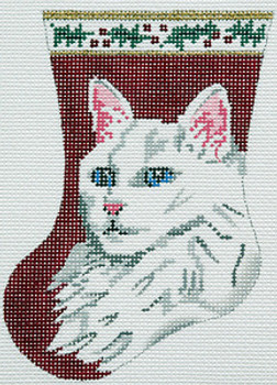 BR034 White Cat Sock Ornament 3.5 x 5" 18 Mesh Barbara Russell  SKU 8243