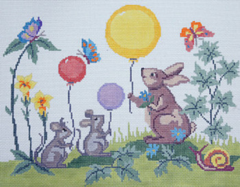 BR081 Bunny Mice Birth Sampler 12" x 15" 12 Mesh Barbara Russell SKU 1028