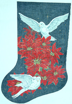 BR191 Poinsettias White Doves Christmas Stocking 18" x 11.25" 18 Mesh Barbara Russell  SKU 8333