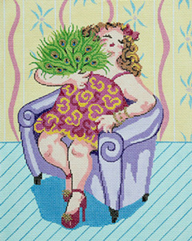 BR224 Herself With Peacock Fan  8" x 10" 18 Mesh Barbara Russell SKU 8354