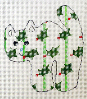BR422 Holly Cat Ornament 5” x 4 1⁄2” 13 Mesh Barbara Russell SKU 53870