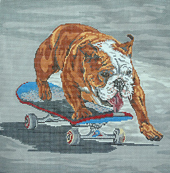 BR394 Skateboarding Bulldog 14” x 14” 13 Mesh Barbara Russell SKU 8527