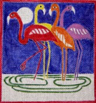 11948 CWD-A61  Fauve Flamingos (Night Sky)  7.5 x 7.5 18 Mesh Changing Women Designs Four assorted colored birds bluish purple background