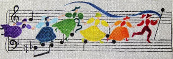 11976 CWD-B10 Rustic Melody 15 x 6.25  18 Mesh Stitch Painted Changing Women Designs Six rainbow-colored people dancing on music staff